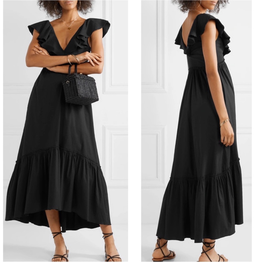 La Ligne De'ete Black Ruffled Stripe Cotton Blend Poplin Maxi Dress Size Medium